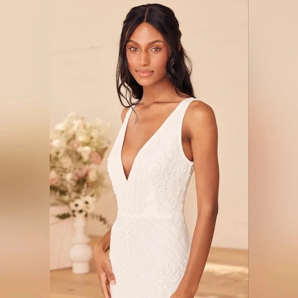 Lulus The Sweetest Vows White Beaded Sequin Mermaid Maxi Dress Wedding Bridal - Picture 4 of 14